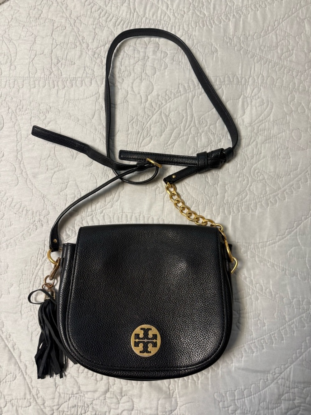 Tory Burch Black Leather Crossbody with Gold Hardware and Tassel